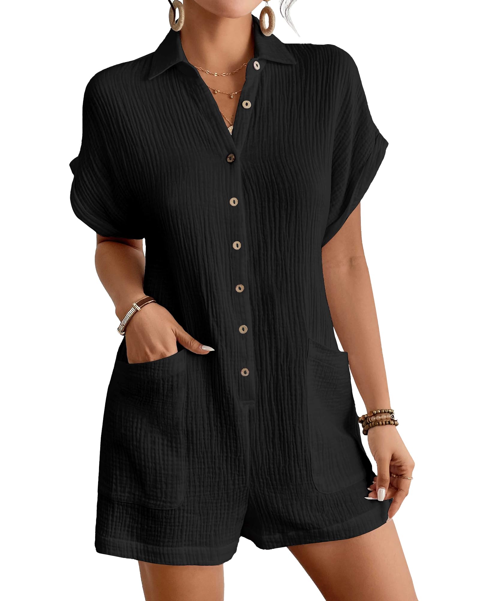Bsubseach Womens Rompers For Summer 2026 Shorts Jumpsuit Short Sleeve Button Down Romper With Pockets Beach Vacation Outfits
