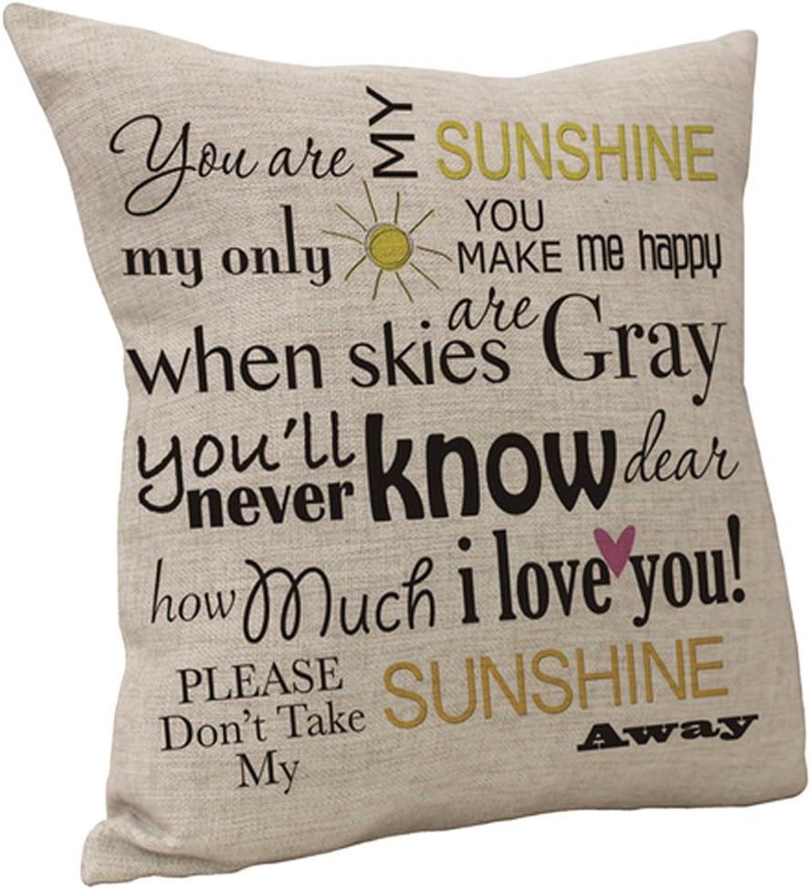 vankivanki Letters Printed Serial Cotton Linen Square Decorative Throw Pillow Case Cushion Cover 18 x 18 inches, You are My Sunshine Sayings Pattern