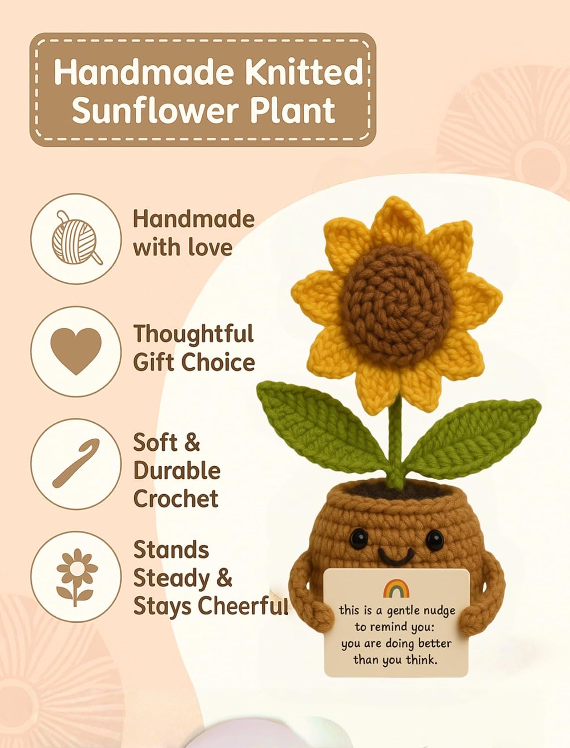 Crochet Sunflower with Positive Messages | Handmade Crochet Flower Desk Decor | Emotional Support Gift for Teacher, Friend, Coworkert | Light Brown Pot - Image 5