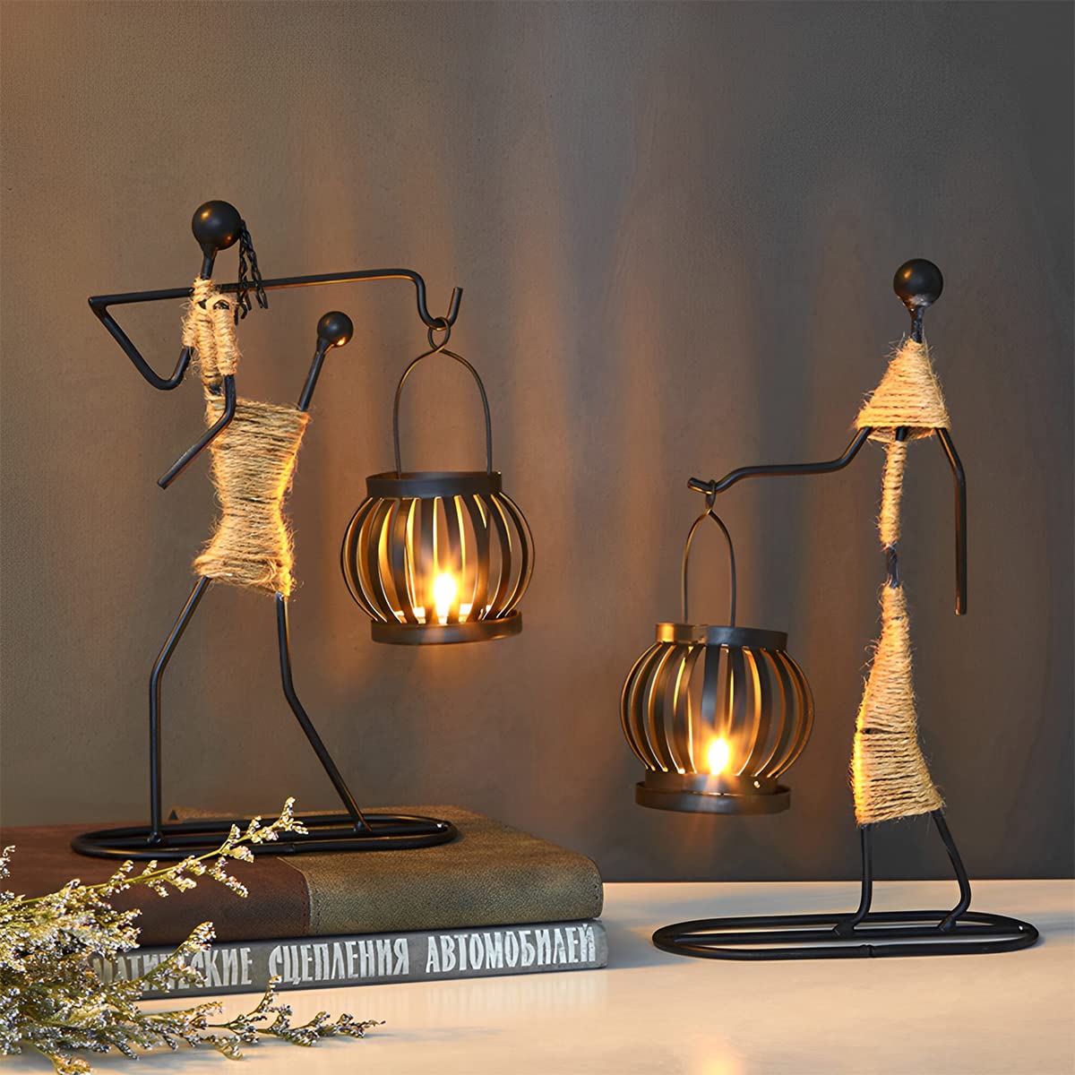 2Pcs Metal Candle Holder, Vintage Candlestick Stand Little Girl Shaped with Hemp Rope Design African Tribal Lady Ornaments for Living Room Coffee Shop Wedding Christmas Decoration (A๏ผB)