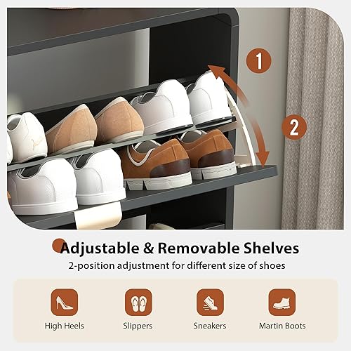 Vista 89 de Armario estrecho de almacenamiento de zapatos con 3 cajones abatibles, armario de madera para zapatos con cajón de puertas de lino, organizador