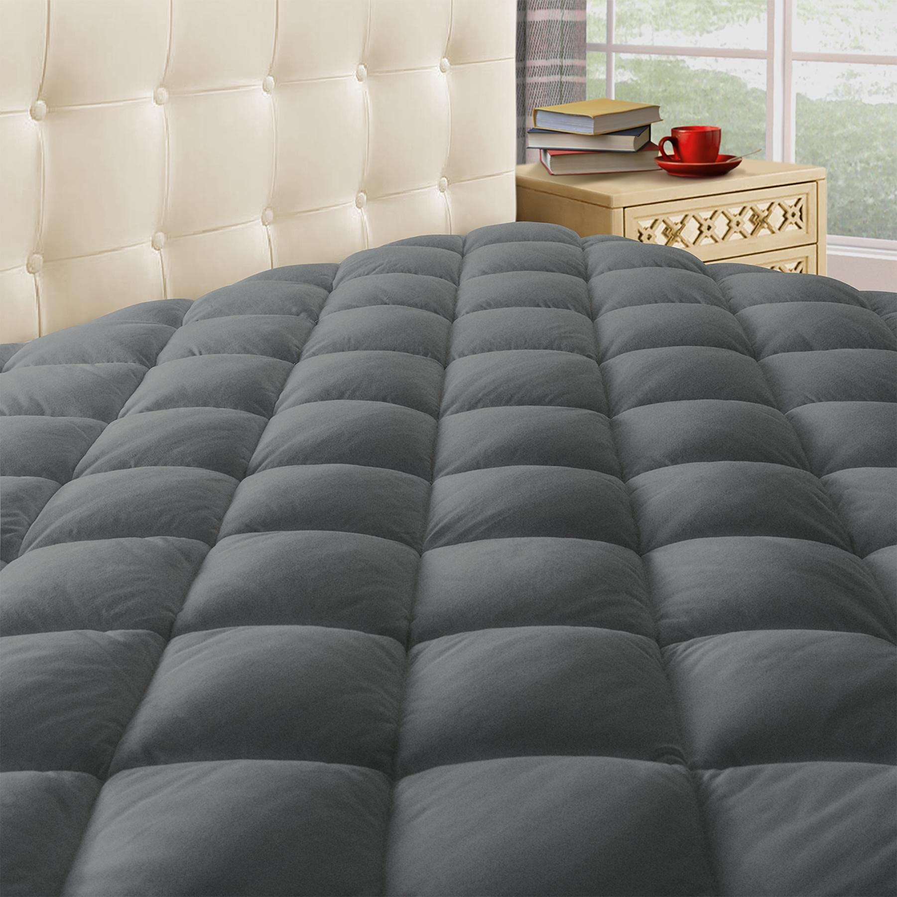 Taupiri King Quilted Mattress Pad Cover with Deep Pocket (8"-21"), Cooling Soft Pillowtop Mattress Cover, Hypoallergenic Down Alternative Mattress Topper (King, Dark Gray)-image-30