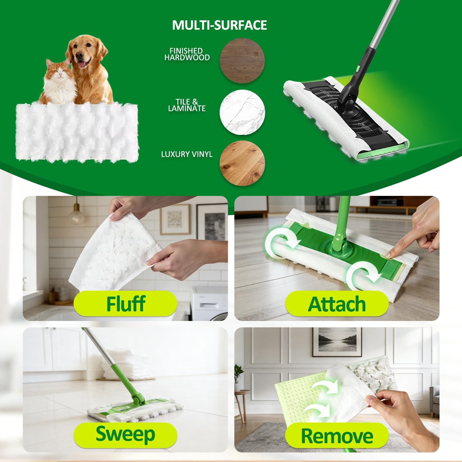 100 Dry Sweeping Cloths Compatible with Swiffer Sweeper Mop, Heavy Duty Dry Pads Refills, Cleaning Dust and Pet Hair, Disposable Pet Sweeper Mop Pads for All Purpose Multi Surface Floor Cleaning (100)