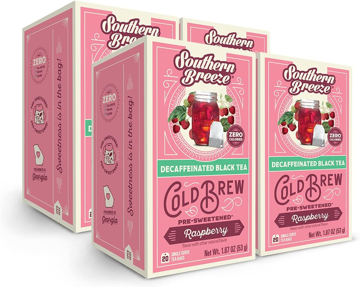 Decaf Cold Brew Sweet Tea Raspberry Iced Tea with Black Tea and Zero Carbs Zero Sugar, 20 Individually Wrapped Tea Bags, Pack of 4