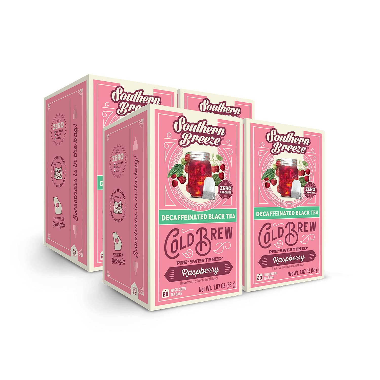 Southern Breeze Decaf Cold Brew Sweet Tea Raspberry Iced Tea with Black Tea and Zero Carbs Zero Sugar, 20 Individually Wrapped Tea Bags, Pack of 4