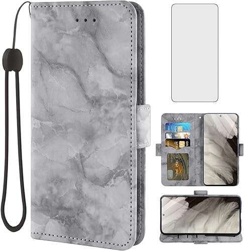 Asuwish Funda de teléfono para Google Pixel 8 5G con protector de pantalla de vidrio templado y funda de cartera de mármol, soporte de ranura para