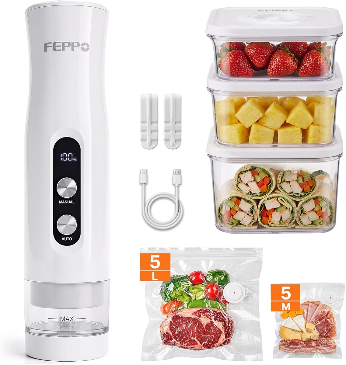 FEPPO Compact Vacuum Sealer for Food (Vacuum Sealer Machine + 3 Containers + 10 Reusable Bags), Anti-Overflow Powerful Portable Handheld Food Sealer, Auto & Manual Modes, Travel Lock, Easy-Clean
