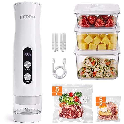 FEPPO Powerful Compact Vacuum Sealer for Food with Containers & Bags | (Vacuum Sealer+3 Containers+10 Reusable Bags), Anti-Overflow Portable Handheld Food Sealer, Auto & Manual Modes, Travel Lock - Sealer+3 Containers+10 Bags(L+M)