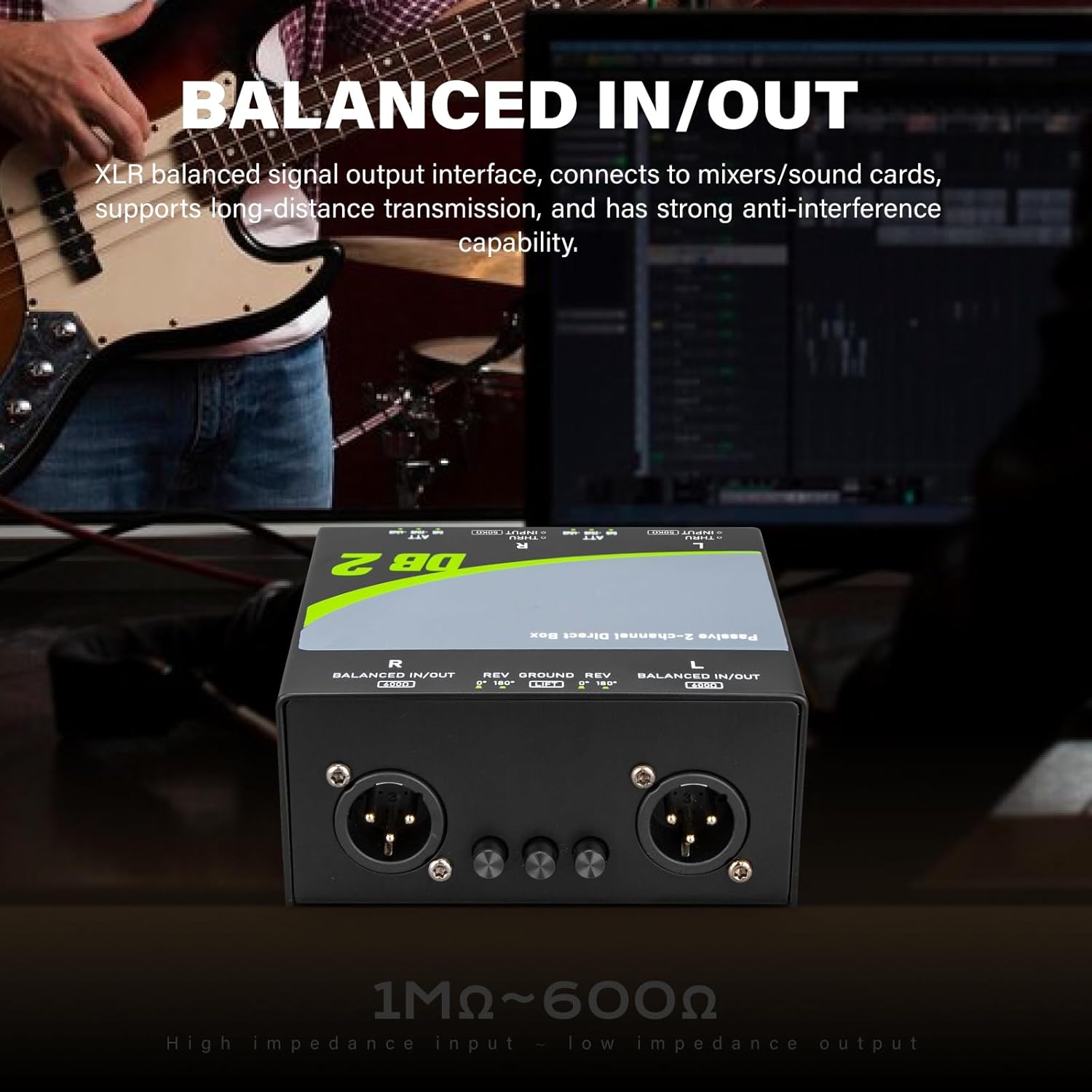 Bolanle Passive 2-Channel Direct Box Stereo DI for Guitar, Bass & Synths Hum Eliminator, Ground Loop Noise Reducer, Reamp Function XLR Balanced Output for Studio & Live Performance