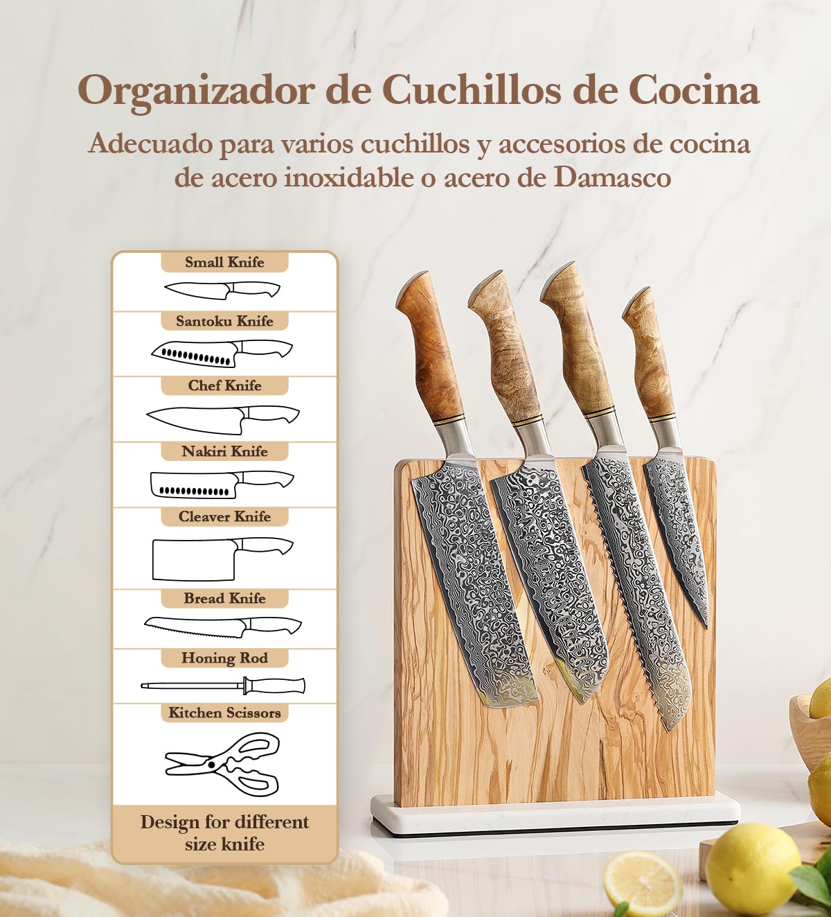 HEZHEN Soporte para Cuchillos Magnético Doble Cara, Bloque de Cuchillos de Madera de Olivo, Portacuchillos Organizador con Base Antideslizante de Mármol