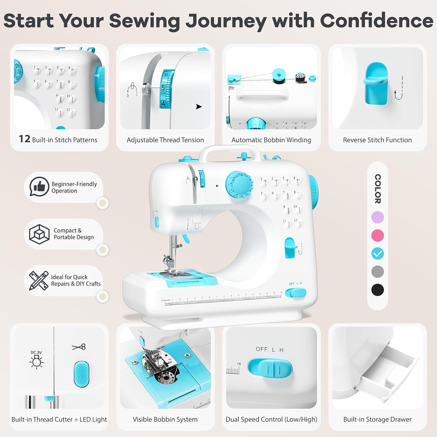 Portable Tabletop Beginner Mini Sewing Machine for Home Use, Compact and Easy-to-Use Sewing Machine for Quick Repairs, DIY Crafts and Alterations, Giftable Sewing Machine for Beginners (Blue)