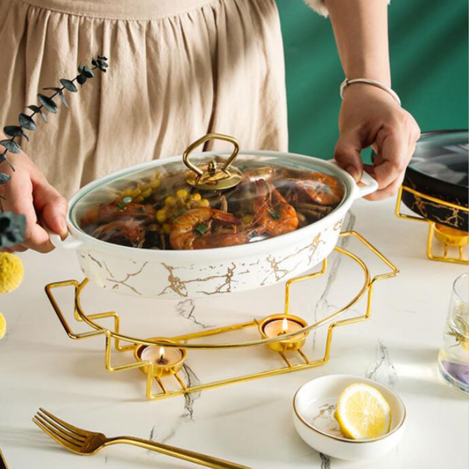 Chafing Dish Buffet Set, Chafer de cerámica con acabado de mármol de imitación, Chafer y Buffet Warmer Set para bodas buffet, fiestas, banquetes, eventos de catering (white,M)