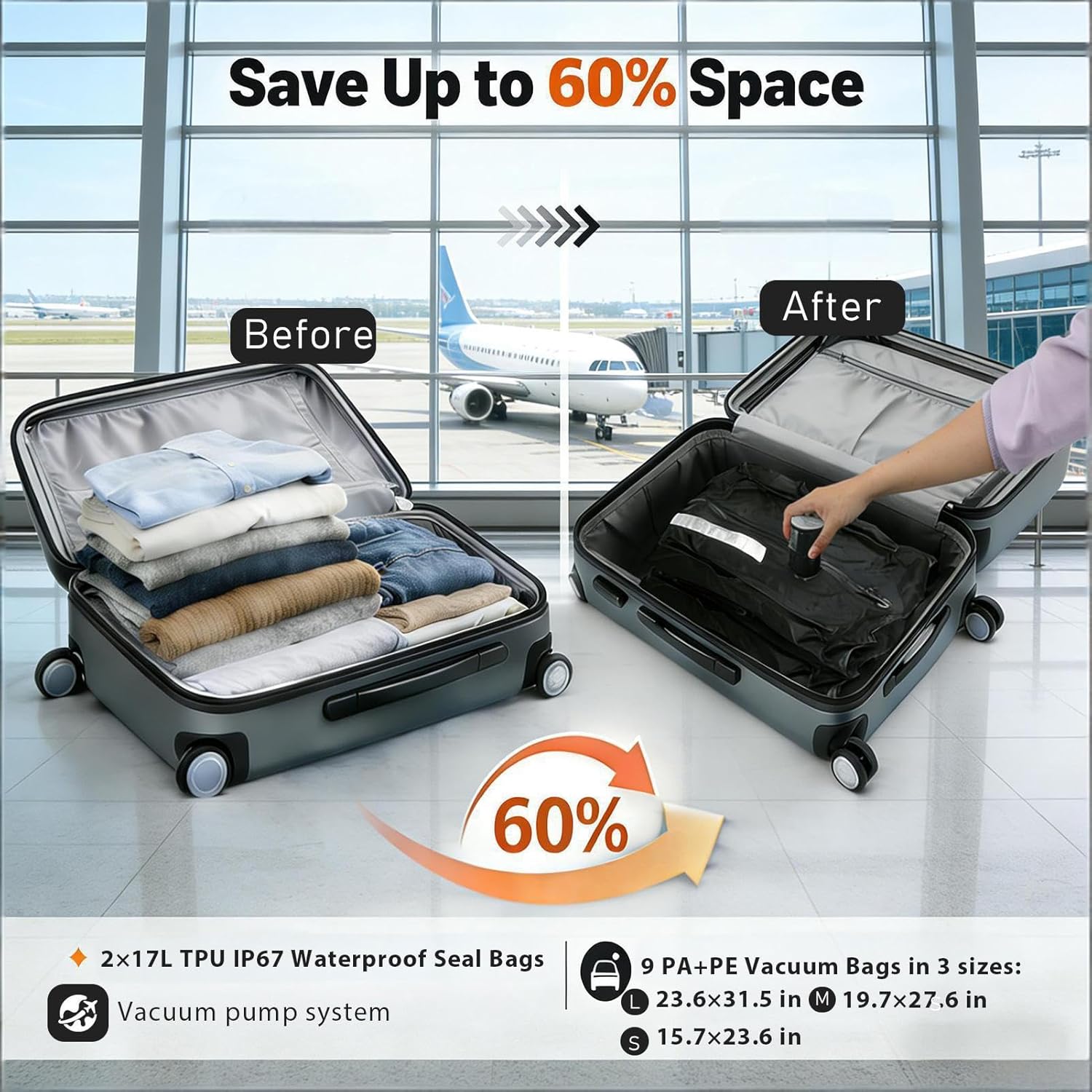 11-Pack Travel Vacuum Bags with Pump, 2×28L TPU Waterproof Vacuum Seal Bags + 9 PA&PE Compression Bags (S/M/L),Space Saver for Clothing, Luggage,Travel,Backpacks & Suitcases,Home Storage