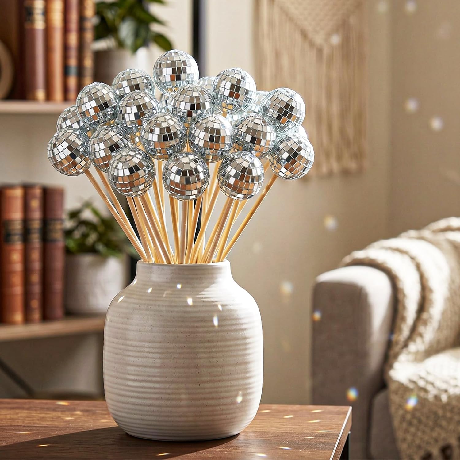 RattanView 24 Pcs Disco Ball Sticks Mirror Ball Floral Picks 70's Disco Centerpiece Decor for Table 1970s Theme Party Favor Wedding Birthday Theme Party Supplies