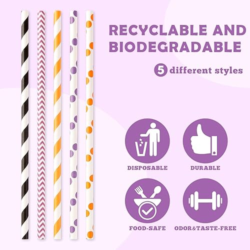 Miniatura 4 de Quera 200 popotes de papel de Halloween, pajitas decorativas para fiestas espeluznantes de Halloween, pajitas de papel biodegradables para fiesta de