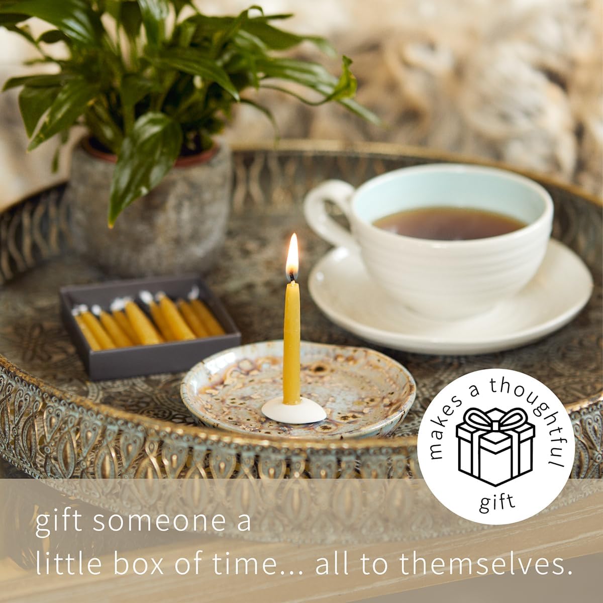 Signature Collection - Gratitude Candle Set (Folk) by Cotton & Grey - 12 Pure Beeswax Twenty Minute Candles with Ceramic Holder for Relaxation, Mindfulness and Well-Being