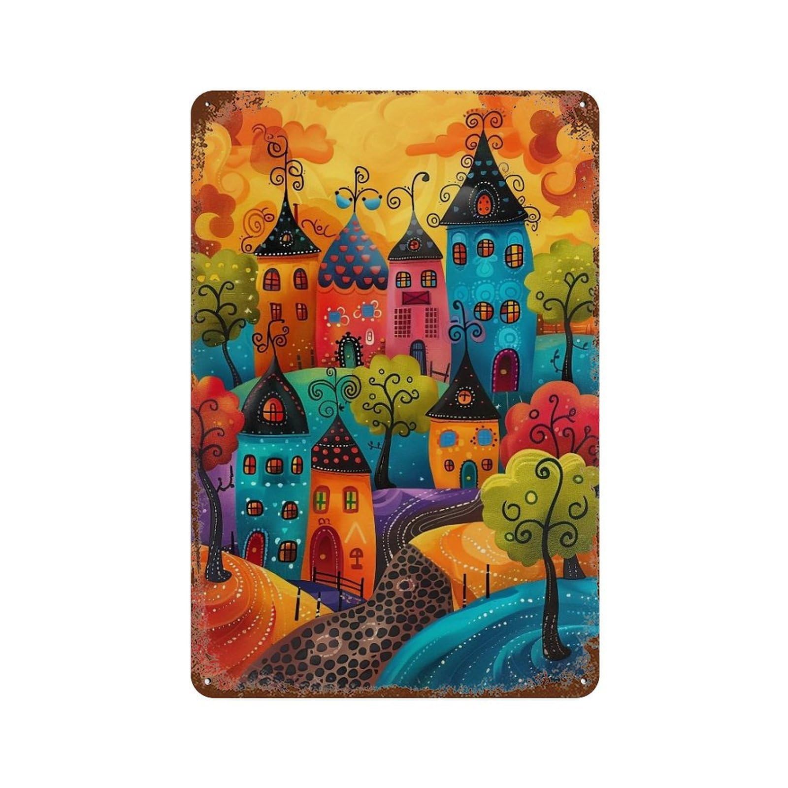 HDURYEYRYY Whimsical Colorful Fairy Town 02 Wall Retro Iron Vintage Art Metal Tin Sign Poster Modern Home Cofffee Club Art Bar Shop Decor Style 30x20cm