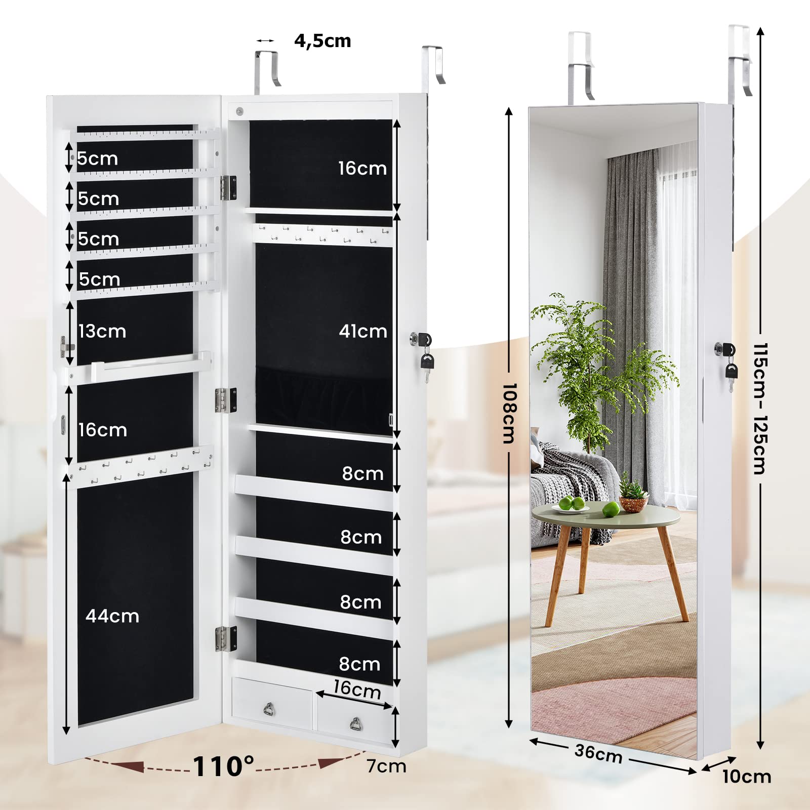 RELAX4LIFE Schmuckschrank hängend, Spiegelschrank mit 2 Schubladen & 6 LEDs & Schloss, Schmuckorganizer für Ohrringe & Armband & Kette & Ringe & Kosmetik, Beleuchtungen, Tür- & Wandmontage (Weiß)