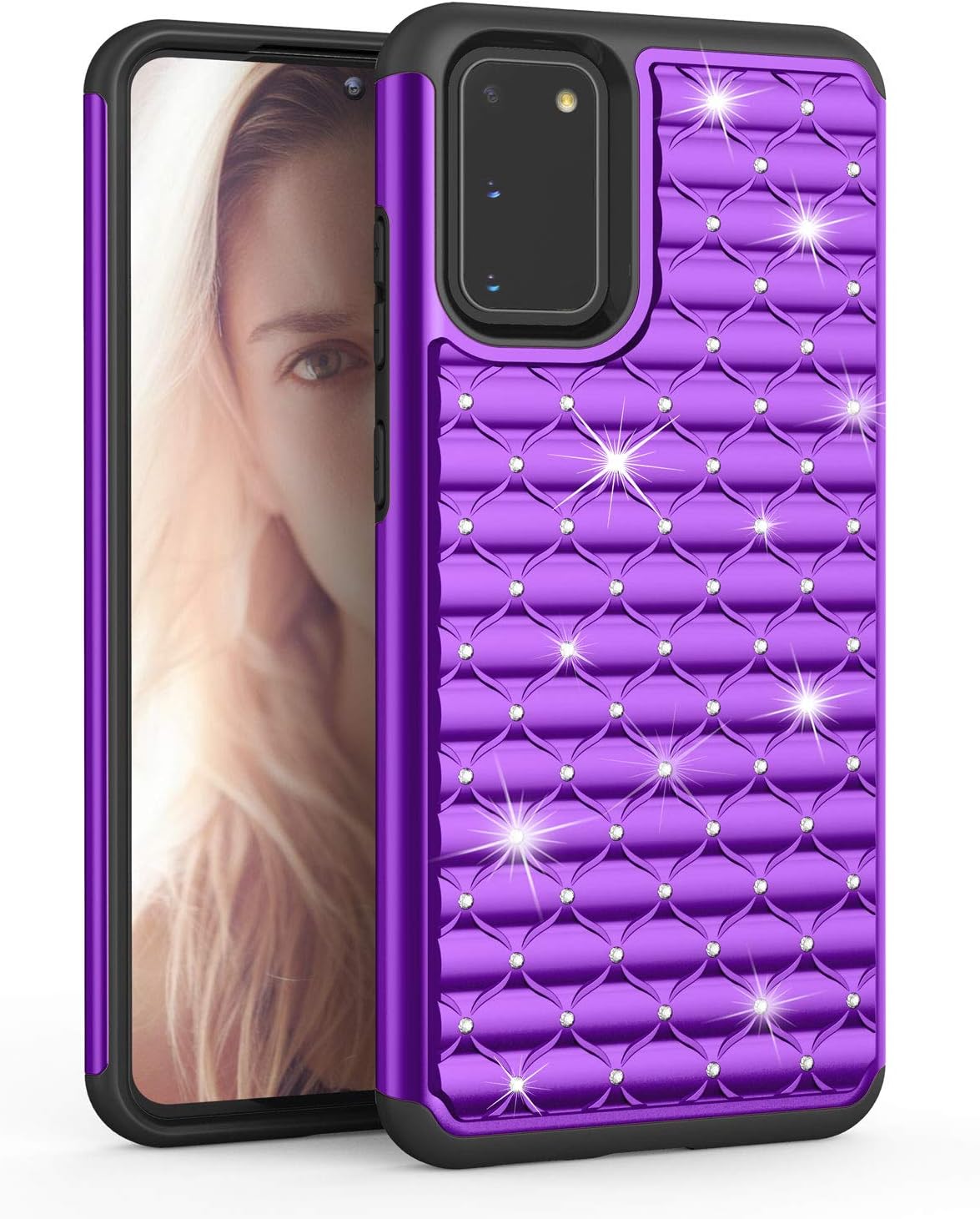 TILL for Galaxy S20 Case, S20 5G Phone Case for Girl Women, Studded Rhinestone Crystal Bling Diamond Sparkly Luxury Shock Absorbing Hybrid Defender Rugged Slim Glitter Case Cover [Purple]