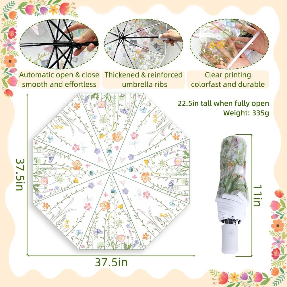 Clear Flower Umbrella, Clear Transparent Umbrella for Windproof Rainproof Wedding Adult