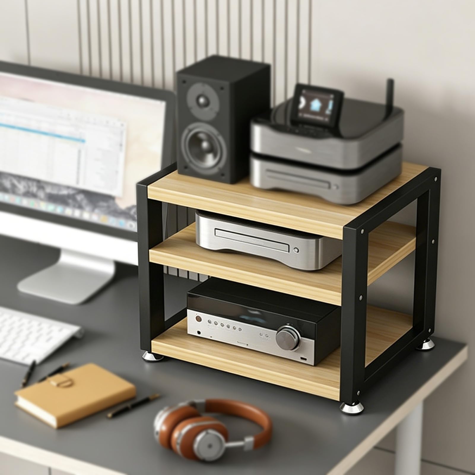 Soporte para consola de juegos y equipos estéreo con 3 prácticos estantes de madera natural