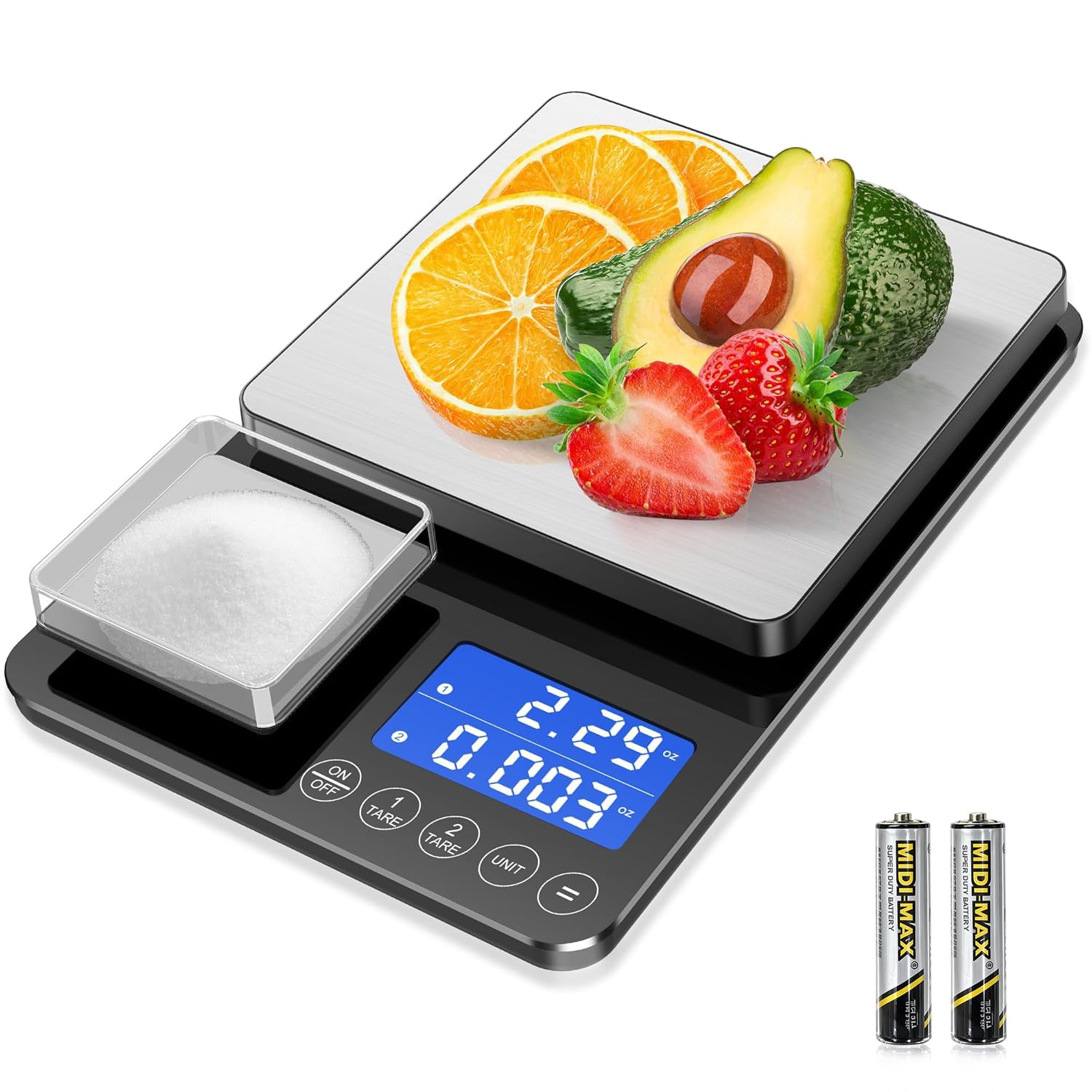 KüChenwaage Digital,Digitale KüChen mit 2 Plattformen 15kg/1g & 500g/0.01g Feinwaage mit 7/6 Einheiten,Summierungsfunktion,Auto-Off, Tara,Led Display,für KüChe Schmuck Backen Kochen, Inkl. Batterien