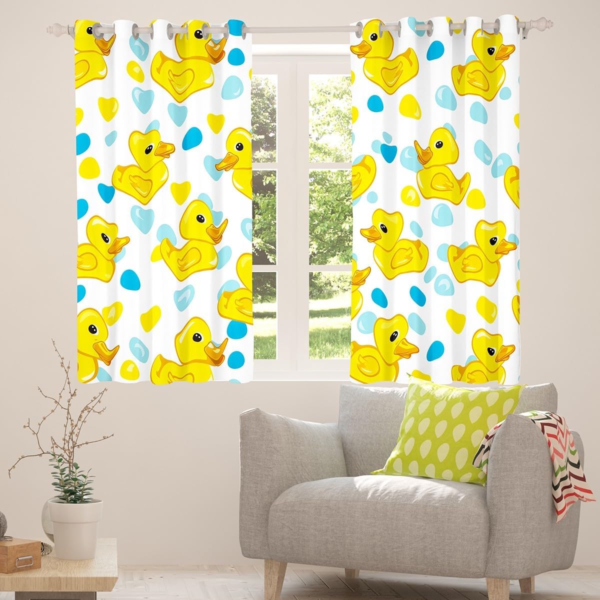 Erosebridal Kids Cute Duck Curtains - Yellow and Blue Polka Dot Blackout Curtains for Girls Boys, Yellow Rubber Ducks Bedroom Decor, Kawaii Animal Print Window Treatments 2 Panels 38 x 45 Inch
