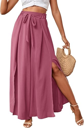 LYANER Women's Tie Front High Waist Side Split Slit Flowy Wide Leg Pleated Pant 