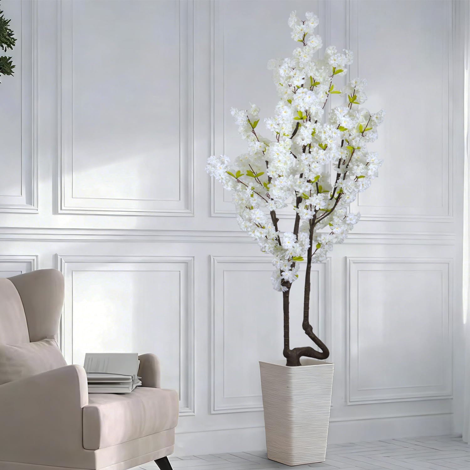 Faux White Cherry Blossom Tree 7ft(84in) Tall Artificial Plant Indoor Decor Handmade Natural Fake White Flower Tree for Wedding Realistic Cherry Plant in Pot for Home Living Room,Office,Outdoor Decor.