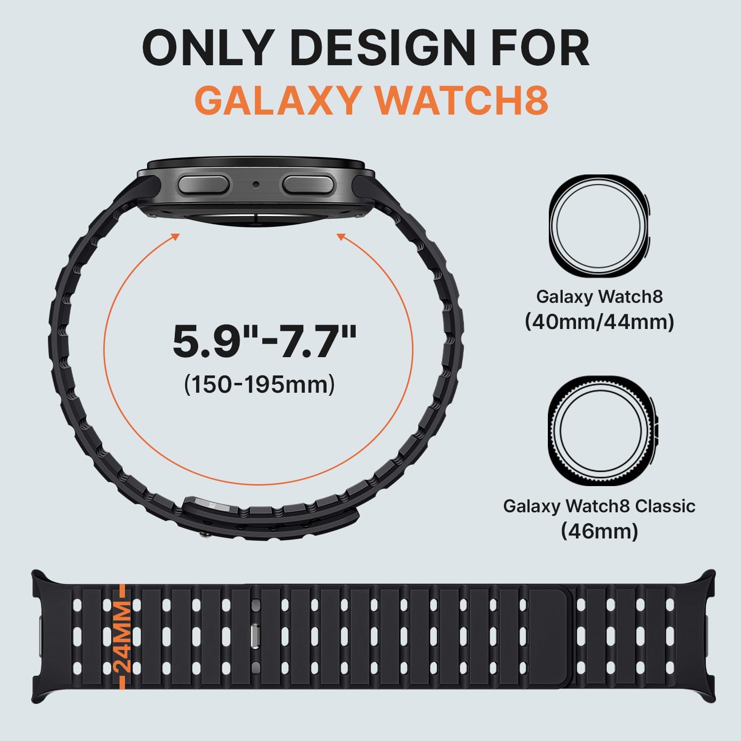Bandletic Magnetic Silicone Band Compatible with Samsung Galaxy Watch 8 40mm 44mm / Watch 8 Classic 46mm 2025, No Gap Soft Breathable Replacement Strap for Men Women, Black - Image 6