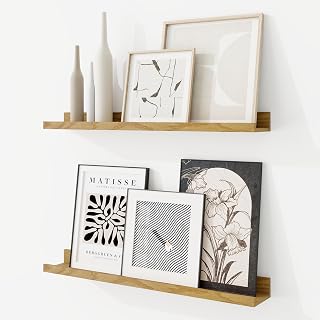 RICHFOCUS Picture Ledge Shelf, 24 inch Floating Shelves Set of 2, Wood Wall Shelves with Lip, Wall Decor Storage for Bedroom Living Room Bathroom Kitchen Nursery Photo Picture, Oak