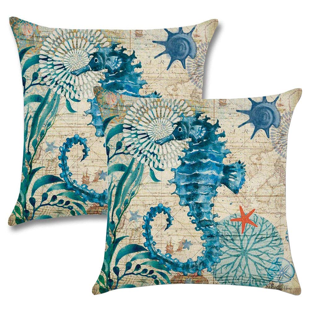 7COLORROOM 2pack Seahorse Throw Pillow Covers Ocean Theme Home Decorative Throw Pillow Cases 18”×18” Cushion Covers for Patio Sofa Couch (Seahorse)