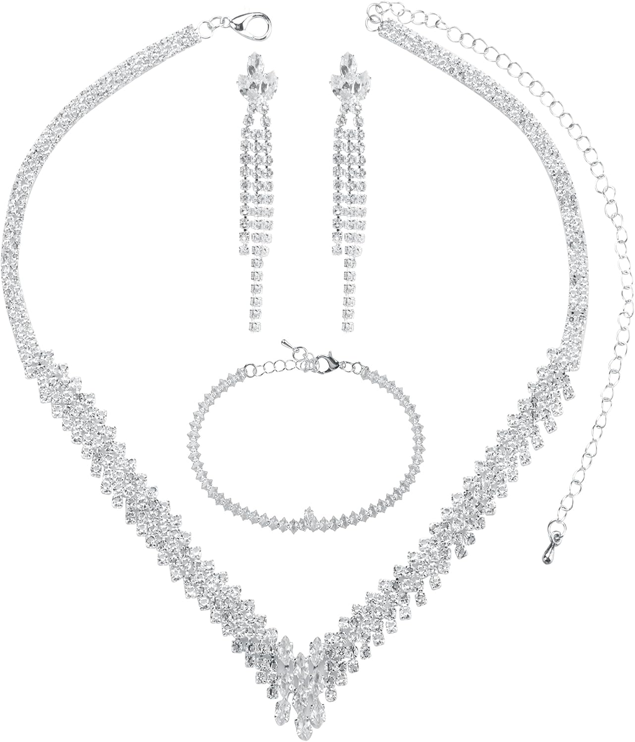 Silver Wedding Jewelry Sets for Brides Rhinestone Bridal Prom Costume Formal Jewelry Set for Wedding Cubic Zirconia Tennis Bracelets Necklaces for Bridesmaid Guest Dresses Accessories