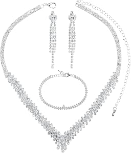Silver Wedding Jewelry Set for Women Sparkly Rhinestone Earrings Necklace Bracelet Sets Prom Bridal Costume Jewelry Gifts Hypoallergenic