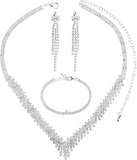 Silver Wedding Jewelry Sets for Brides Rhinestone Bridal Prom Costume Formal Jewelry Set for Wedding Cubic Zirconia Tennis Bracelets Necklaces for Bridesmaid Guest Dresses Accessories
