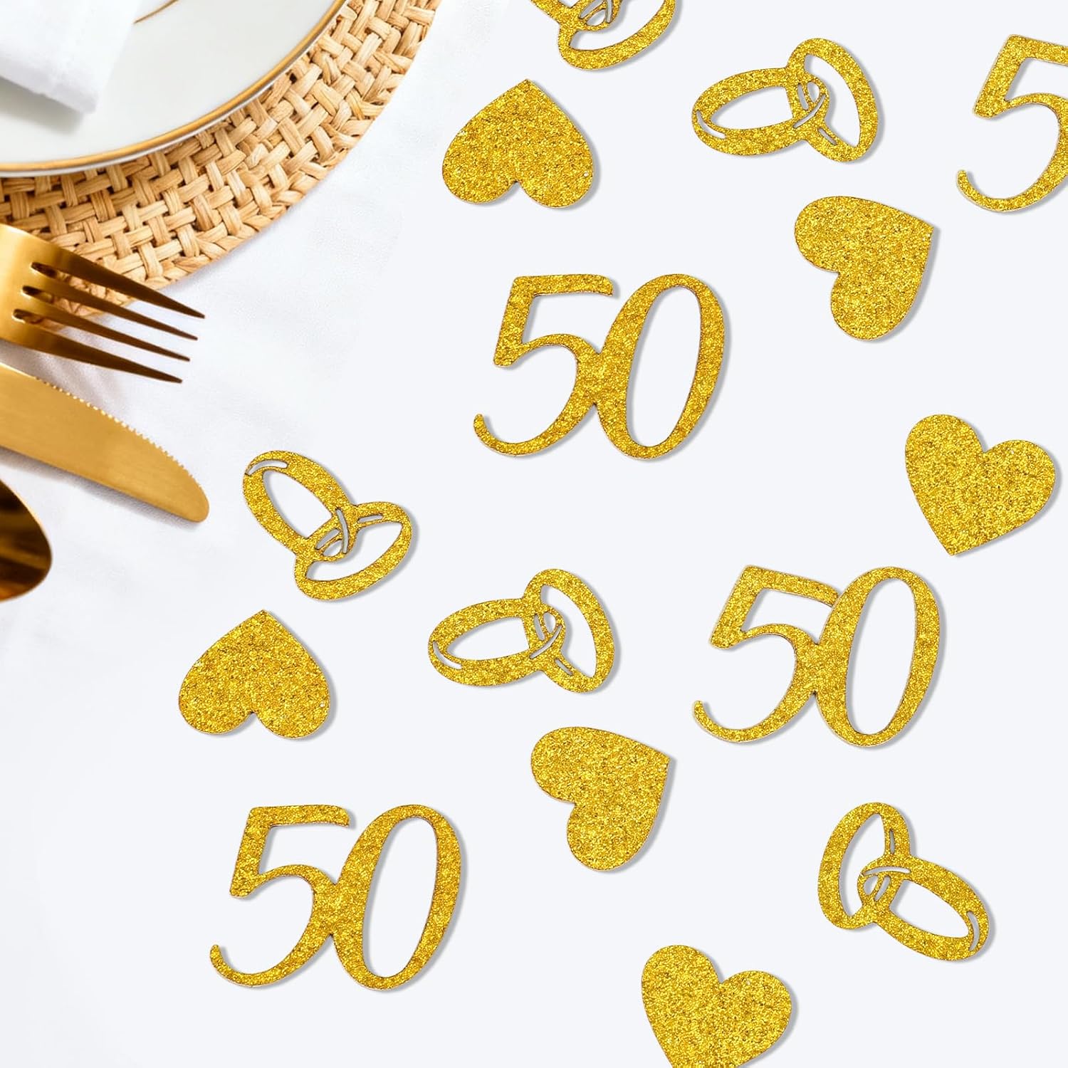100pcs 50th Wedding Anniversary Confetti, Gold Glitter Paper Confetti 50 Golden Gift Decorations Wedding Table Scatter for 50th Anniversary Celebration Party Birthday Party Supplies