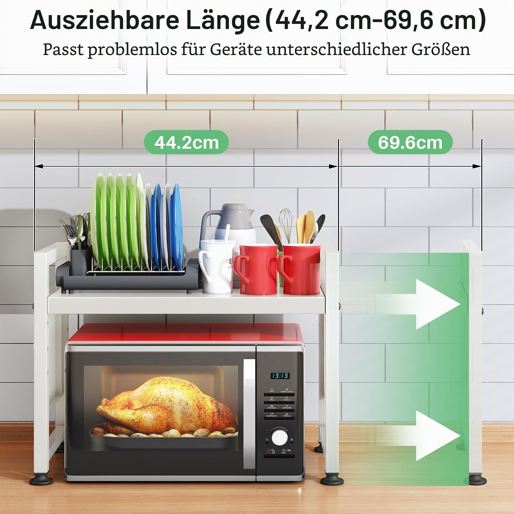 SAYZH Mikrowellen Regal, 2-stufiges Erweiterbares mikrowelle Regal Mikrowellenregal Organizer Küche mit 10 Haken, Flexibel Ausziehbar von 40-70cm, Stufiges Küchenregal mikrowellenständer, Weiß