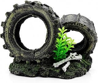 Truck Wheel Aquarium Decor Hiding Cave Ornament Resin | Freshwater & Saltwater, Betta & Goldfish Safe, Landscaping Rock Style, Hiding Cave Design, Fish Tank Decoration