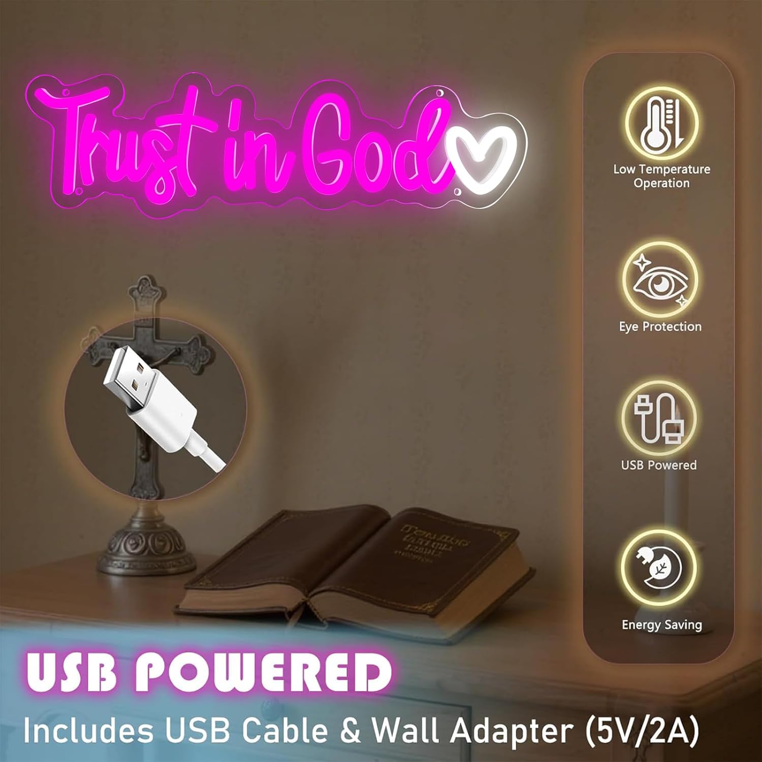 Trust In God Neon Sign,Christian Neon Light USB Powered Dimmable Led Sign Religious Neon Signs for Wall Decor, for Prayer Room Church Bedroom Living Room Jesus Christian Gifts