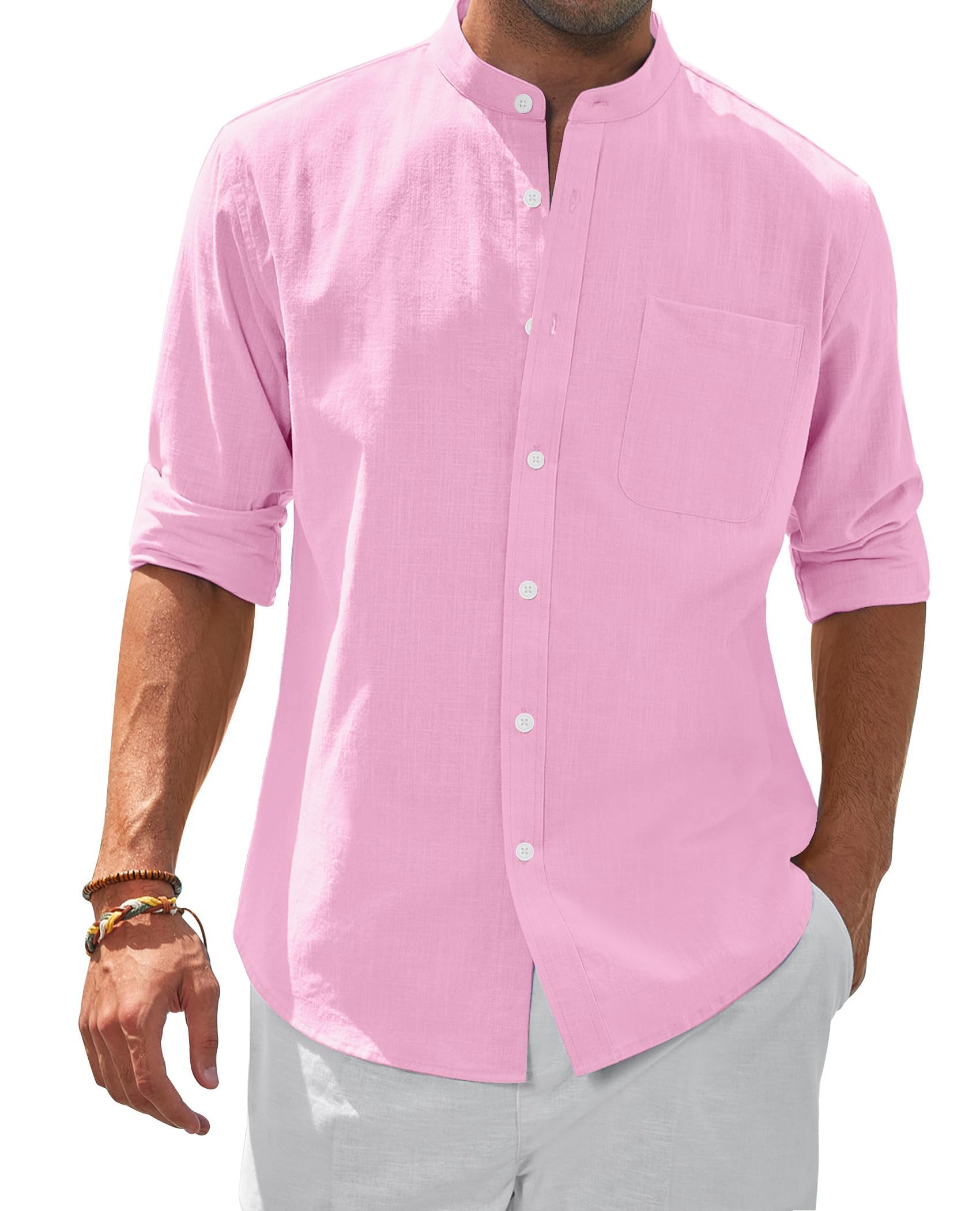 siliteelon Herren Hemd Leinenhemd Langarm Stehkragen Leinenshirt Hemden Herren Freizeithemd Casual Regular Fit Sommer Standhemd