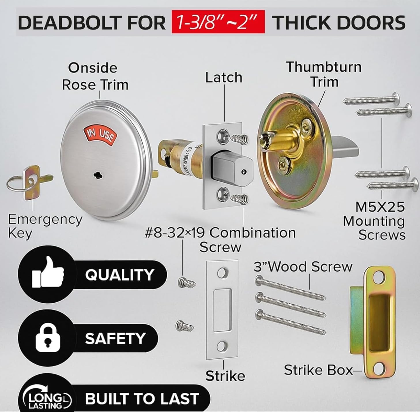 in-Use/Vacant Heavy Duty Privacy Door Occupancy Indicator Deadbolt Cylinder - Durable Metal knob Commercial Grade 2 Lock, Reversible for Left/Right Hand for Restroom, Meeting Rooms- 2pc Silver Color