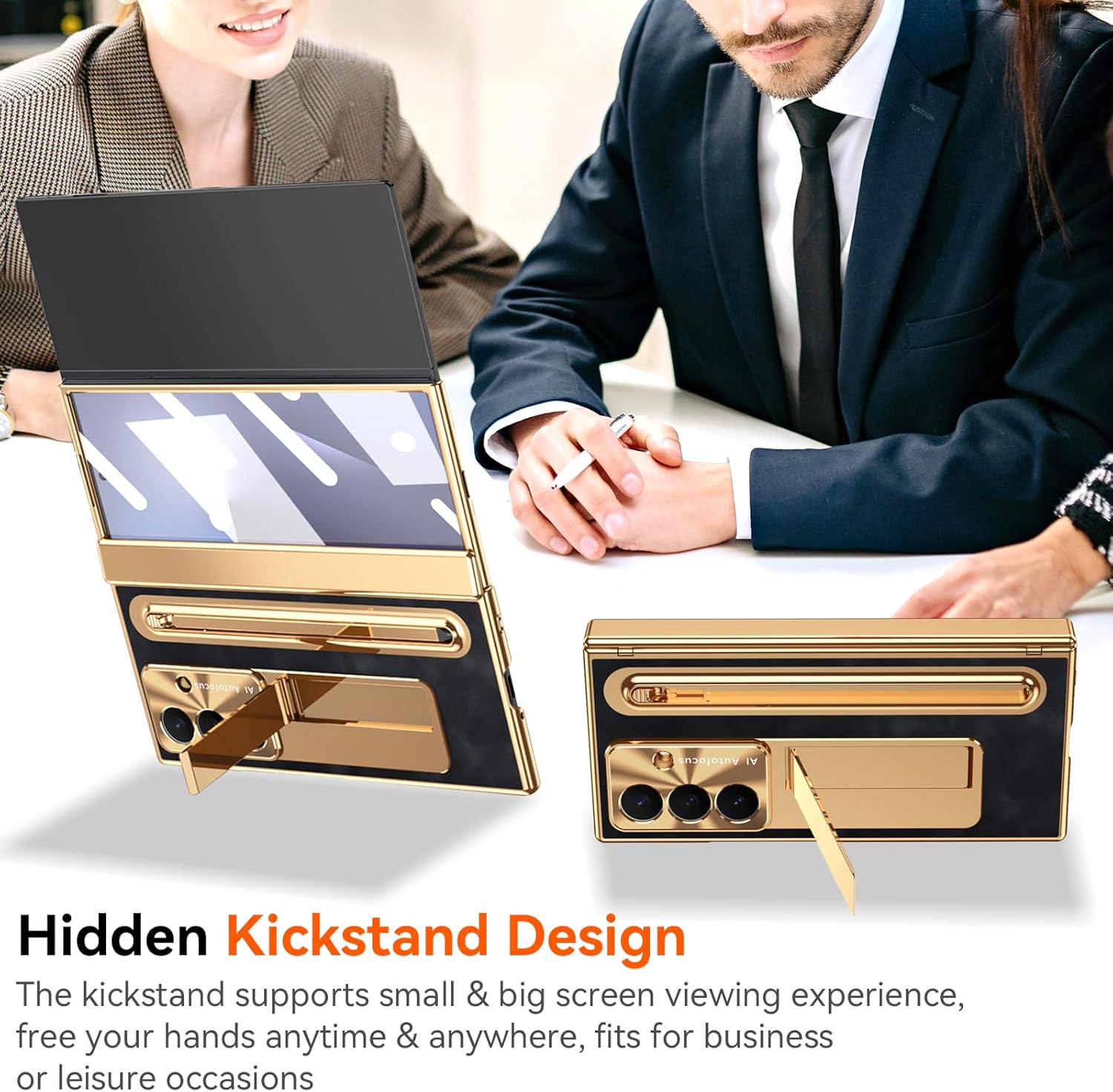 for Samsung Galaxy Z Trifold Case with S Pen Holder & Stylus, Built in Small Screen Protector Invisible Kickstand Camera Protector All-Round Protection Case for Galaxy Z Trifold Gold+Black