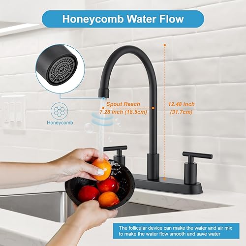 Miniatura 5 de Grifos de cocina para fregadero de 3 agujeros, arco alto con boquilla giratoria de 360, grifo de fregadero de cocina de 2 manijas de 8 pulgadas con