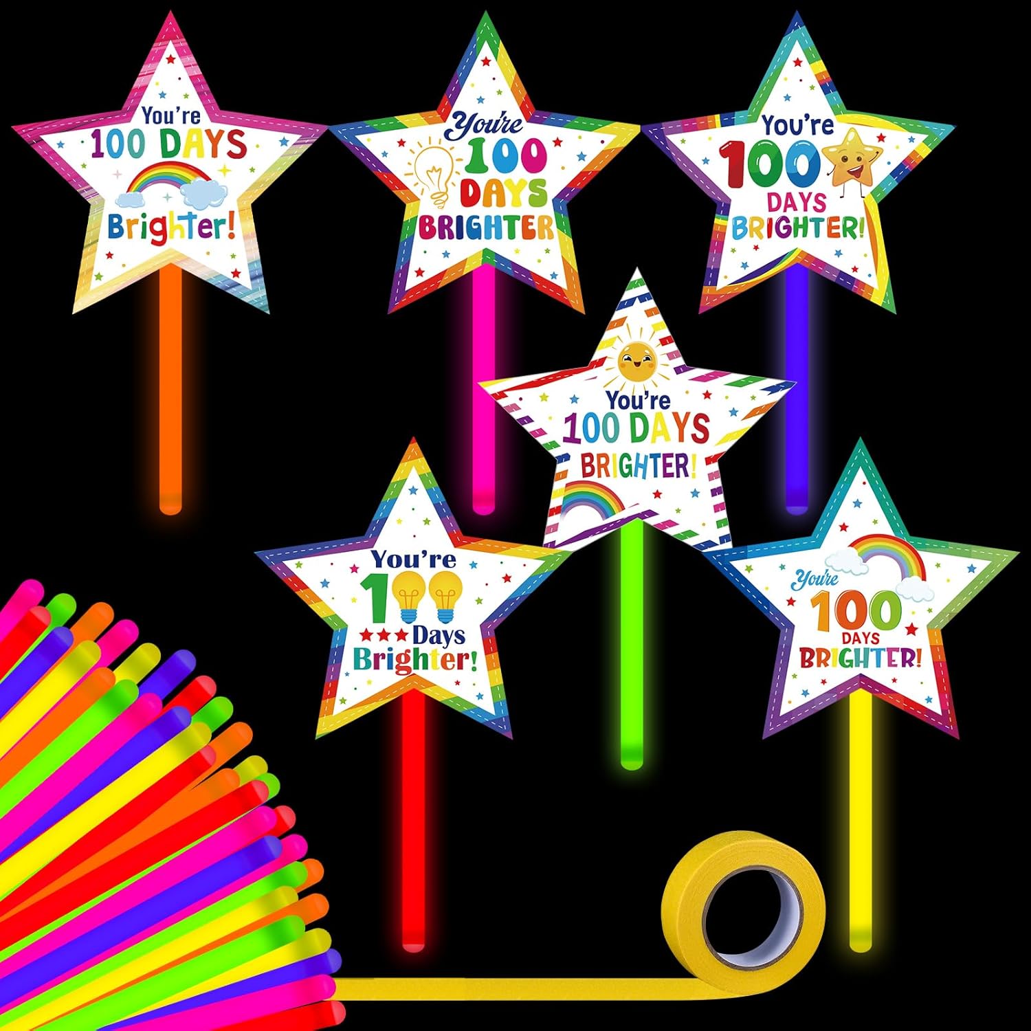 Realspring 48 Pcs 100th Day of School Gifts for Students Include 24 Pcs 0.4x7.8 in Glow in the Dark Sticks 24 You're 100 Days Brighter Cards with Washi Tapes for Classroom