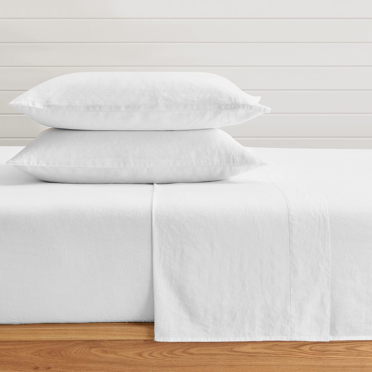 Levtex Home - 100% French Flax Linen - Cal King Sheet Set - French Flax Washed Linen - White - Set Includes: Flat Sheet (108x108+4in.), Fitted Sheet (78x80+15in.) and 2 Pillow Cases (20x30+4in.)