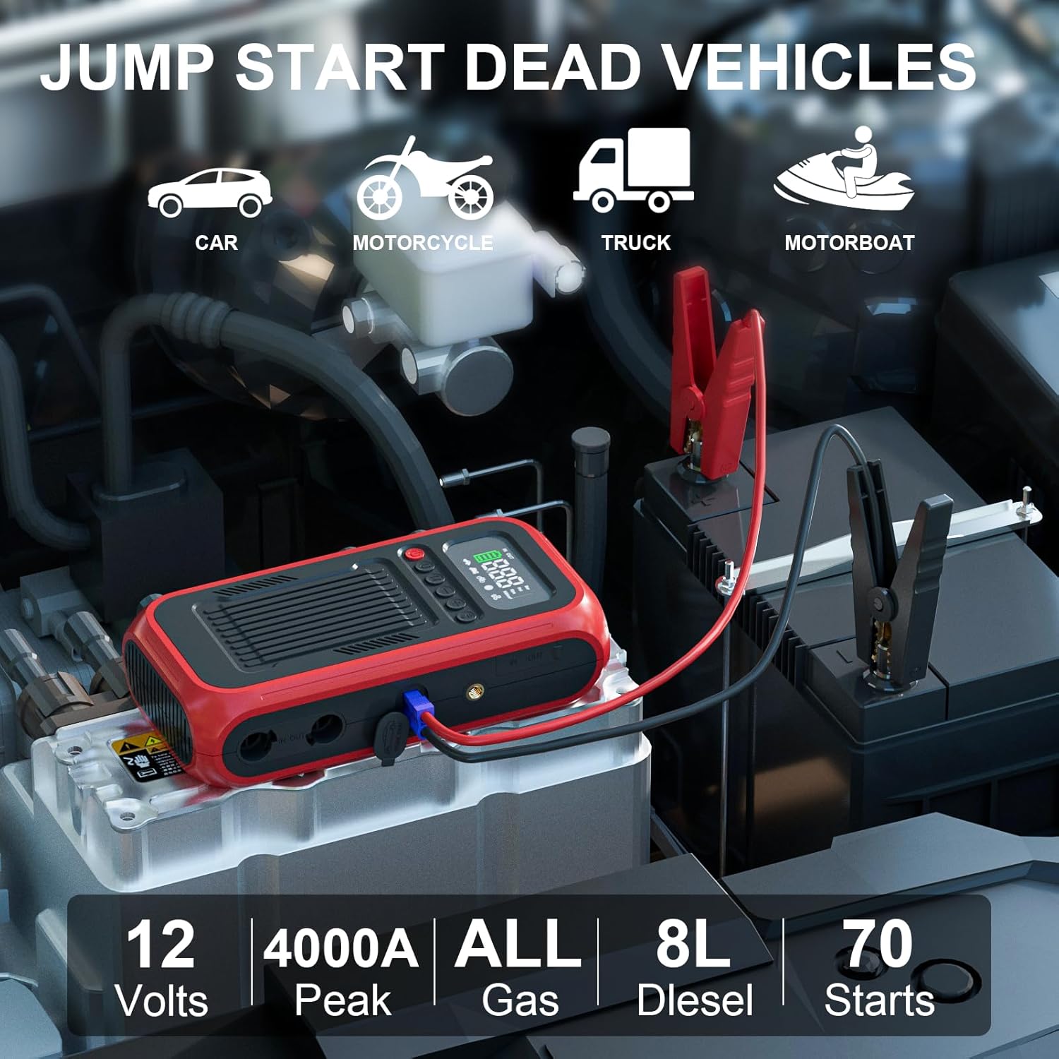 Portable Air Compressor with Jump Starter, 150 PSI Digital Tire Inflator 4000A Car Battery Jumper Box with 20000mAh Power Bank, Auto Shut-off Cordless Air Pump for Cars, Trucks, Motorcycles, Bikes