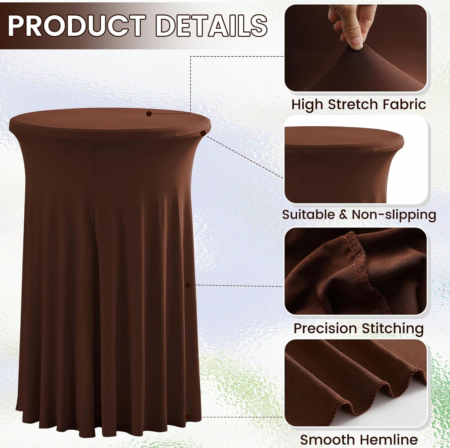 Rakila 2 Pack Round 43 x 32 Inch Spandex Cocktail Tablecloth with Wavy Skirt Brown Fitted Stretch Table Cover for Bar Wedding Party
