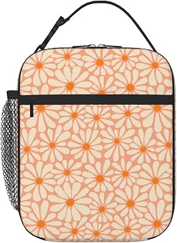 Orange Flower Insulated Lunch Bag,Kids Lunch Box for Girls Boys Teens | Reusable Lightweight Waterproof Large Capacity with Water Bottle Holder Buckle Handle Double Zippers For School Work Picnic