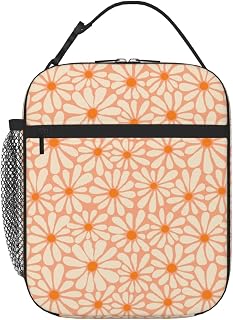 Orange Flower Insulated Lunch Bag,Kids Lunch Box for Girls Boys Teens | Reusable Lightweight Waterproof Large Capacity with Water Bottle Holder Buckle Handle Double Zippers For School Work Picnic