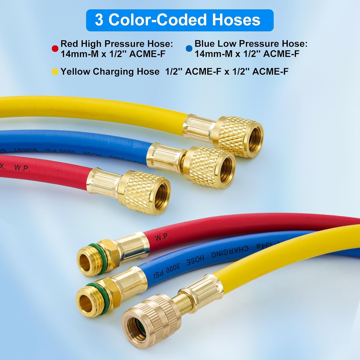 R134A AC Refrigerant Charging Hoses, 5FT Manifold Gauge Hose Kit for R134A Air Condition Refrigerant, 1/2" SAE Thread, 600 PSI 3 Colored A/C Charging Hose Tube 60 Inch